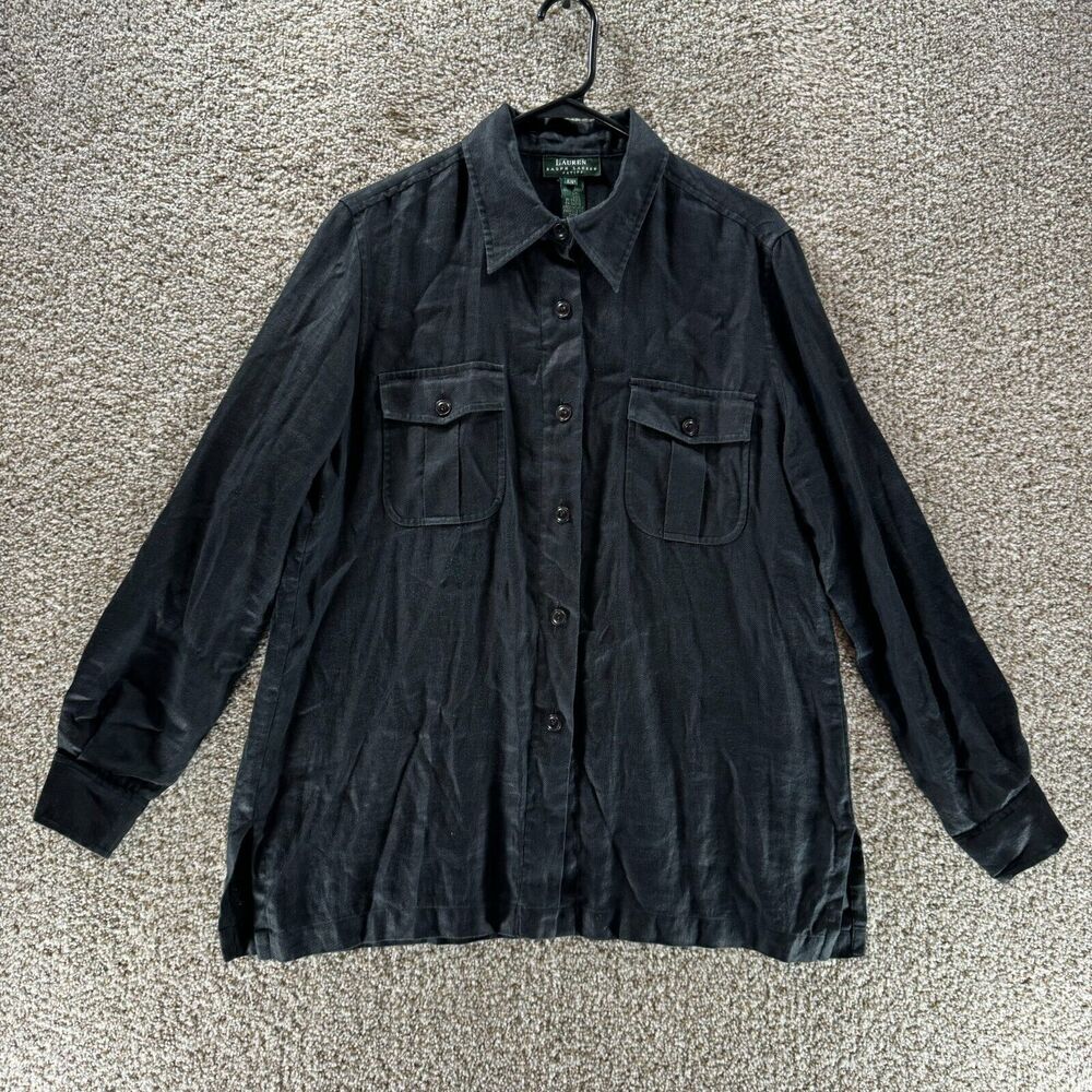 Lauren Ralph Lauren Linen Shirt Womens 12P Petite Black Button Up Lades Casual